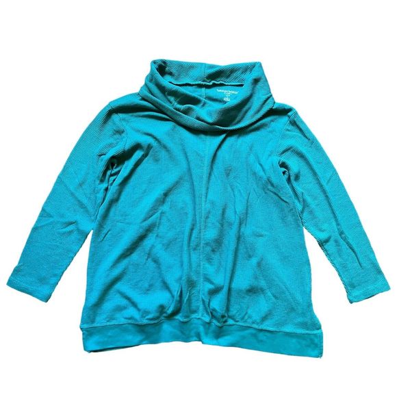 Woman Within Size M (14/16) Teal Blue Green Thermal Waffle Cowl Neck Tunic Top - Picture 1 of 8